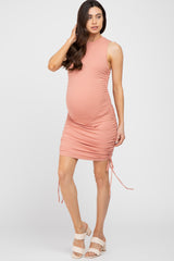 Peach Ribbed Ruched Tie Maternity Fitted Dress