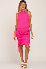 Fuchsia Ribbed Ruched Tie Maternity Fitted Dress