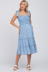Blue Floral Sleeveless Smocked Tiered Maternity Midi Dress