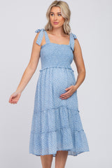 Blue Floral Sleeveless Smocked Tiered Maternity Midi Dress