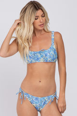 Blue Floral Sweetheart Neck Front Tie Maternity Bikini Swim Set