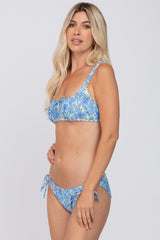 Blue Floral Sweetheart Neck Front Tie Bikini Swim Set