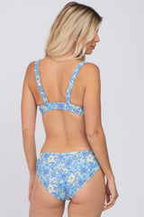 Blue Floral Sweetheart Neck Front Tie Bikini Swim Set