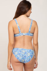 Blue Floral Sweetheart Neck Front Tie Maternity Bikini Swim Set
