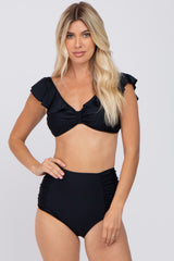 Black Ruffle Shoulder High Waist Maternity Bikini Swim Set