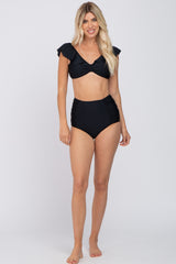 Black Ruffle Shoulder High Waist Bikini Swim Set