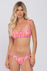 Pink Floral Sweetheart Neck Front Tie Bikini Swim Set