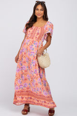 Coral Floral Short Sleeve Maternity Maxi Dress