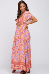 Coral Floral Short Sleeve Maternity Maxi Dress