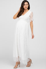 White Lace Short Sleeve Maternity Maxi Dress