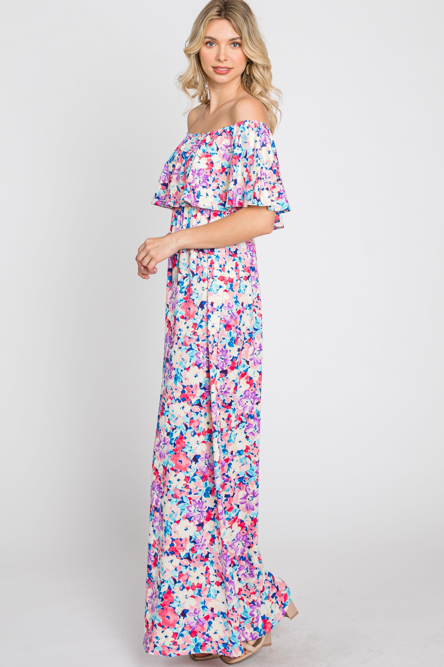 Pink Floral Off Shoulder Maxi Dress