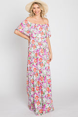 Fuchsia Floral Off Shoulder Maxi Dress