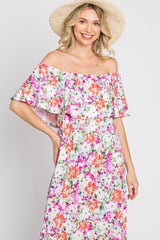 Fuchsia Floral Off Shoulder Maxi Dress