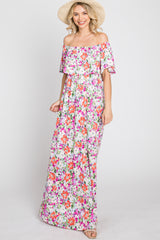 Fuchsia Floral Off Shoulder Maternity Maxi Dress