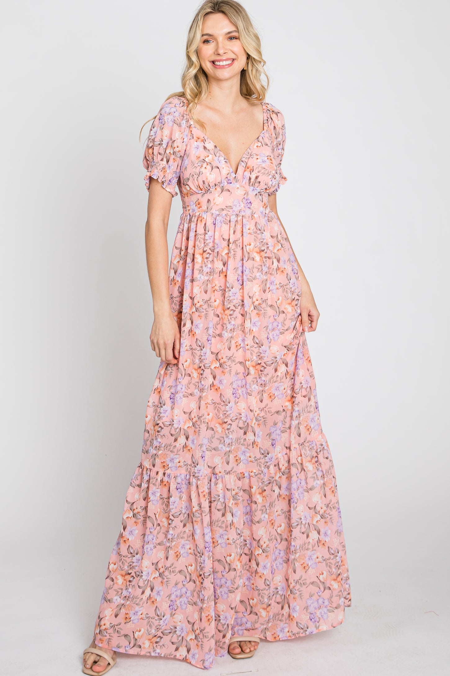 Pink Floral Sweetheart Neck Puff Sleeve Maternity Maxi Dress