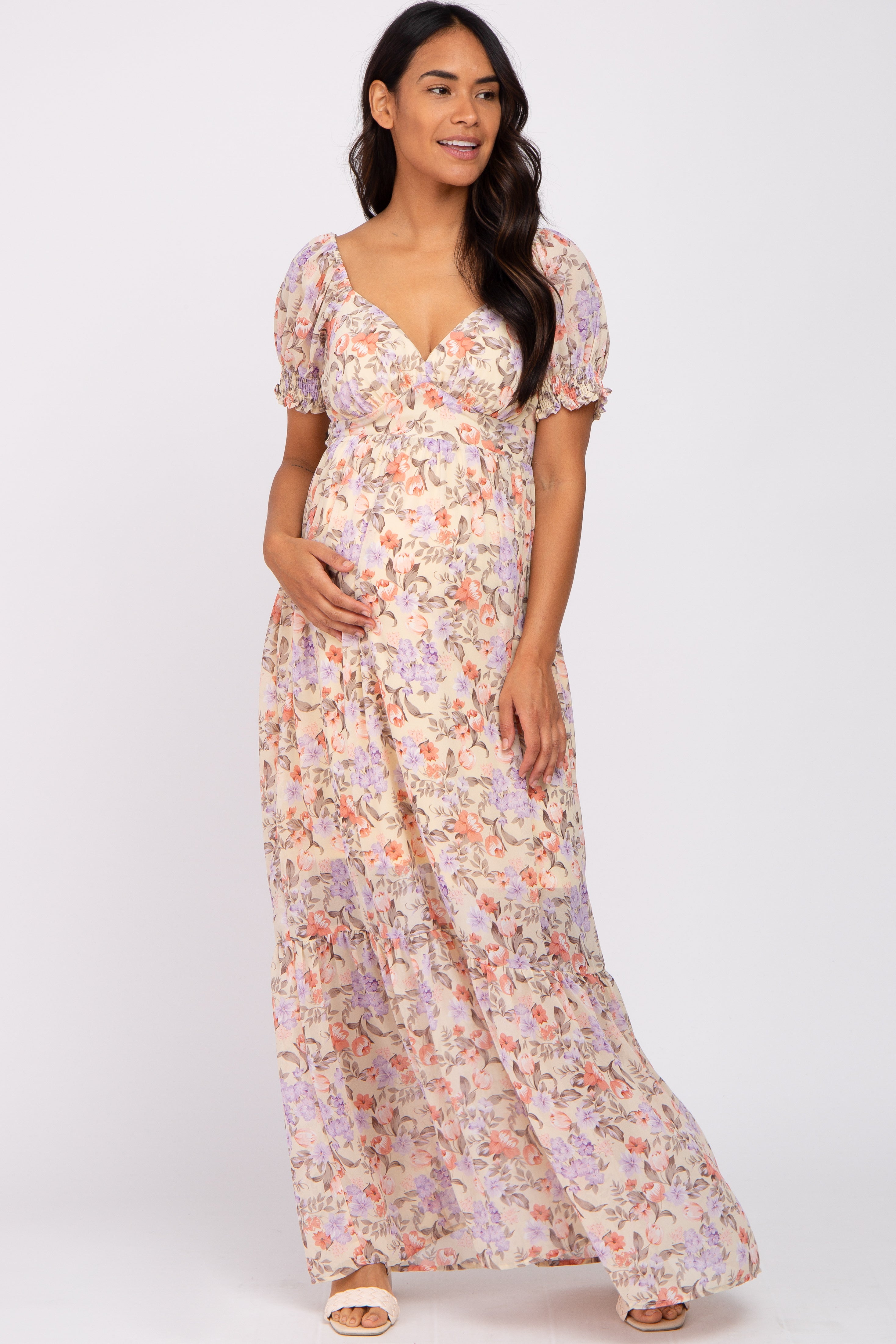Cream Floral Sweetheart Neck Puff Sleeve Maternity Maxi Dress– PinkBlush