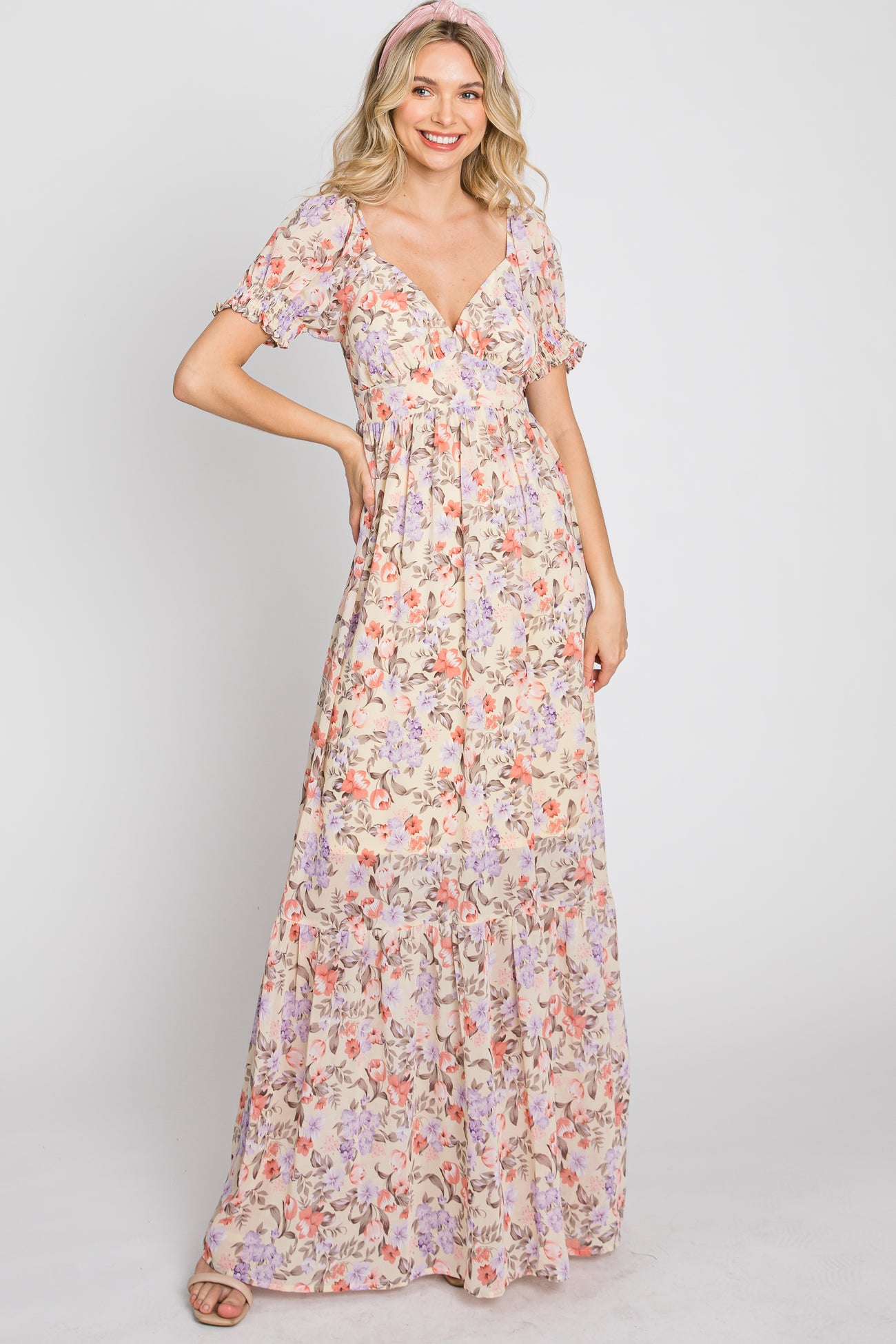 Cream Floral Sweetheart Neck Puff Sleeve Maternity Maxi Dress– PinkBlush