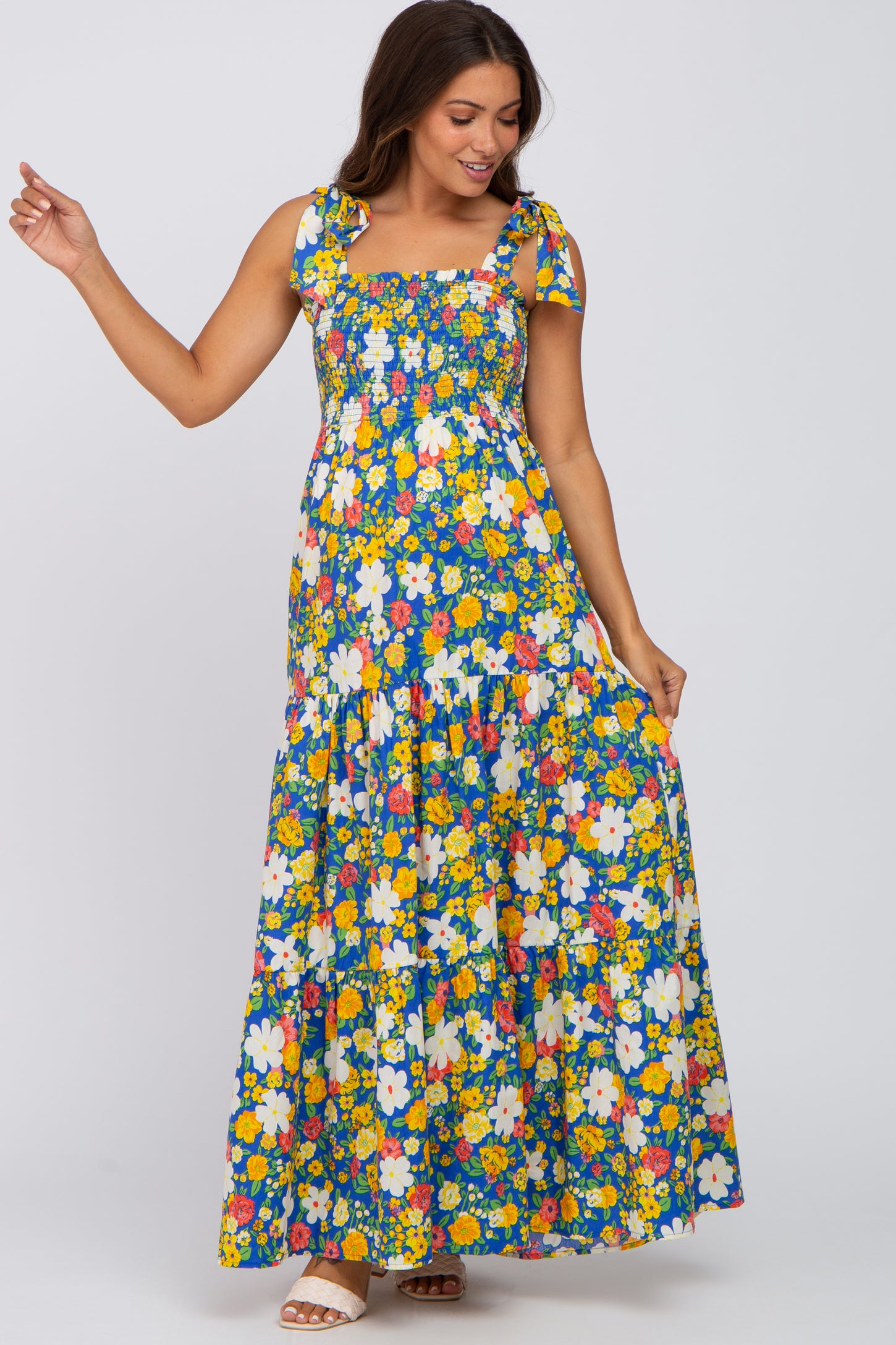 Blue Multi-Color Floral Sleeveless Smocked Tiered Maternity Maxi Dress