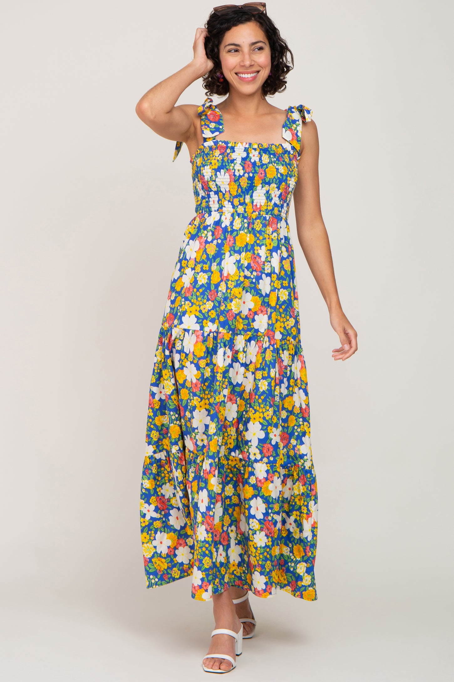 Blue Multi-Color Floral Sleeveless Smocked Tiered Maternity Maxi Dress