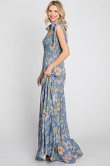 Blue Floral Smocked Shoulder Tie Maxi Dress