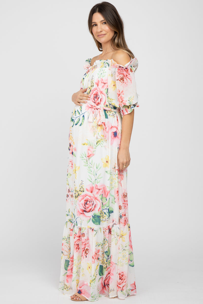 Ivory Floral Chiffon Off Shoulder Maternity Maxi Dress– PinkBlush