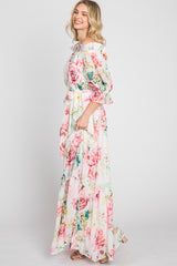 Ivory Floral Chiffon Off Shoulder Maxi Dress