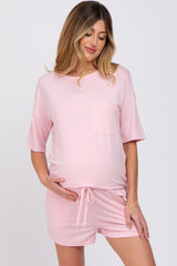Pink Pocket Front Maternity Pajama Short Set
