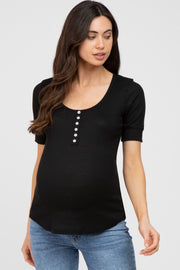 Black Waffle Knit Maternity Short Sleeve Top