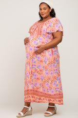 Coral Floral Short Sleeve Plus Maternity Maxi Dress