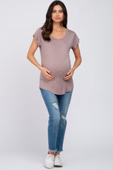 Mauve Solid Short Sleeve Curved Hem Maternity Top
