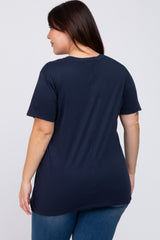 Navy Blue Solid Short Sleeve Plus Top