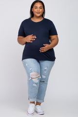 Navy Blue Solid Short Sleeve Plus Maternity Top