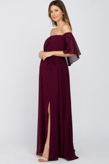 Burgundy Chiffon Off Shoulder Maternity Maxi Dress
