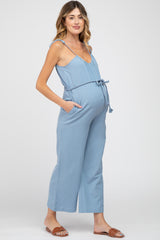 Blue Shoulder Tie Linen Maternity Jumpsuit