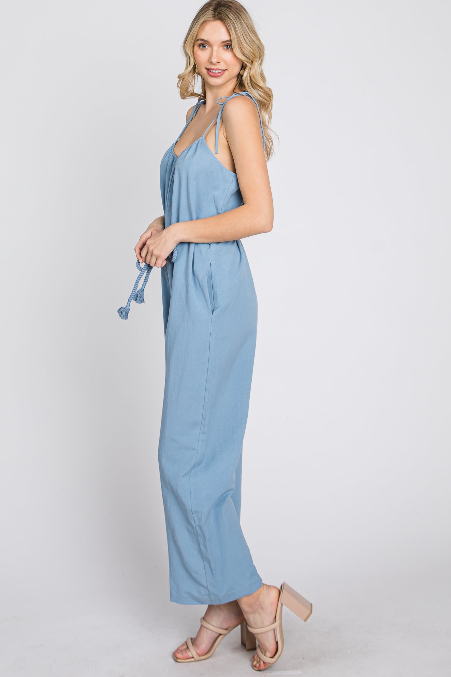 Blue Shoulder Tie Linen Jumpsuit