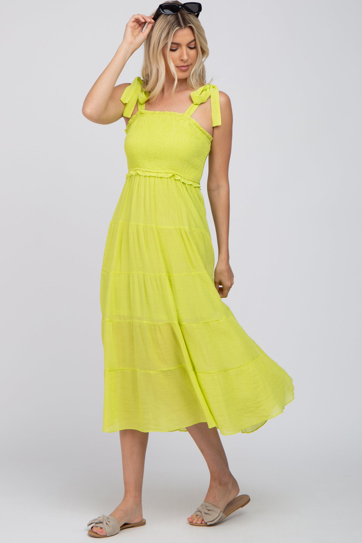 Neon Yellow Smocked Tie Strap Tiered Midi Dress