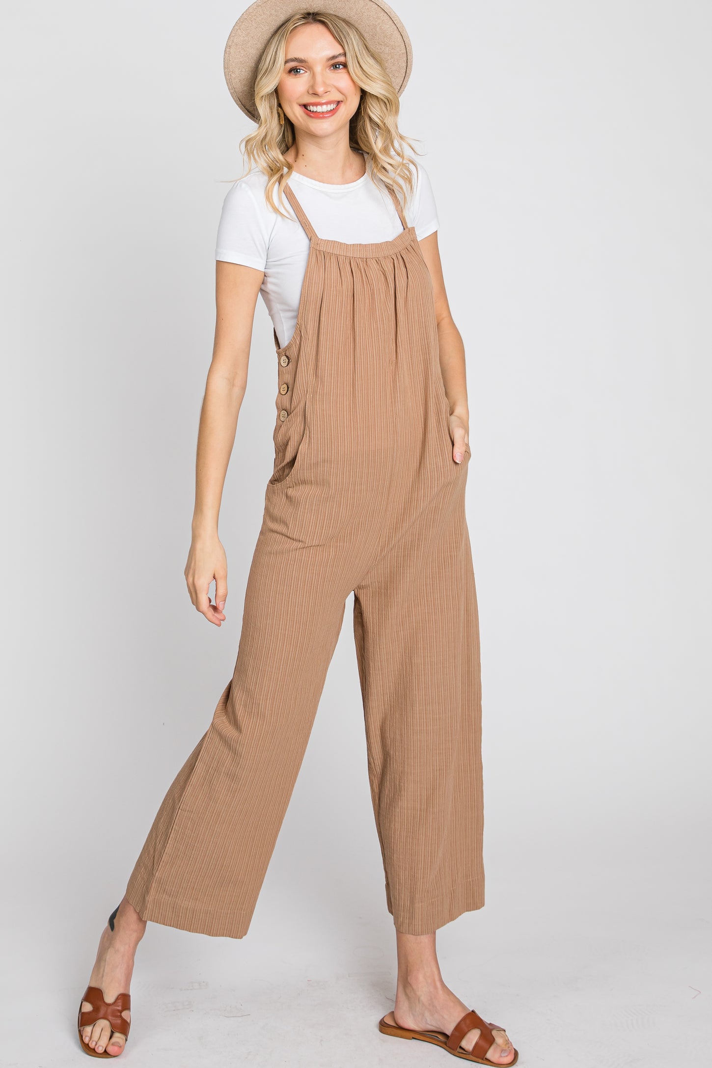 Taupe Striped Wide Leg Cropped Maternity Overalls