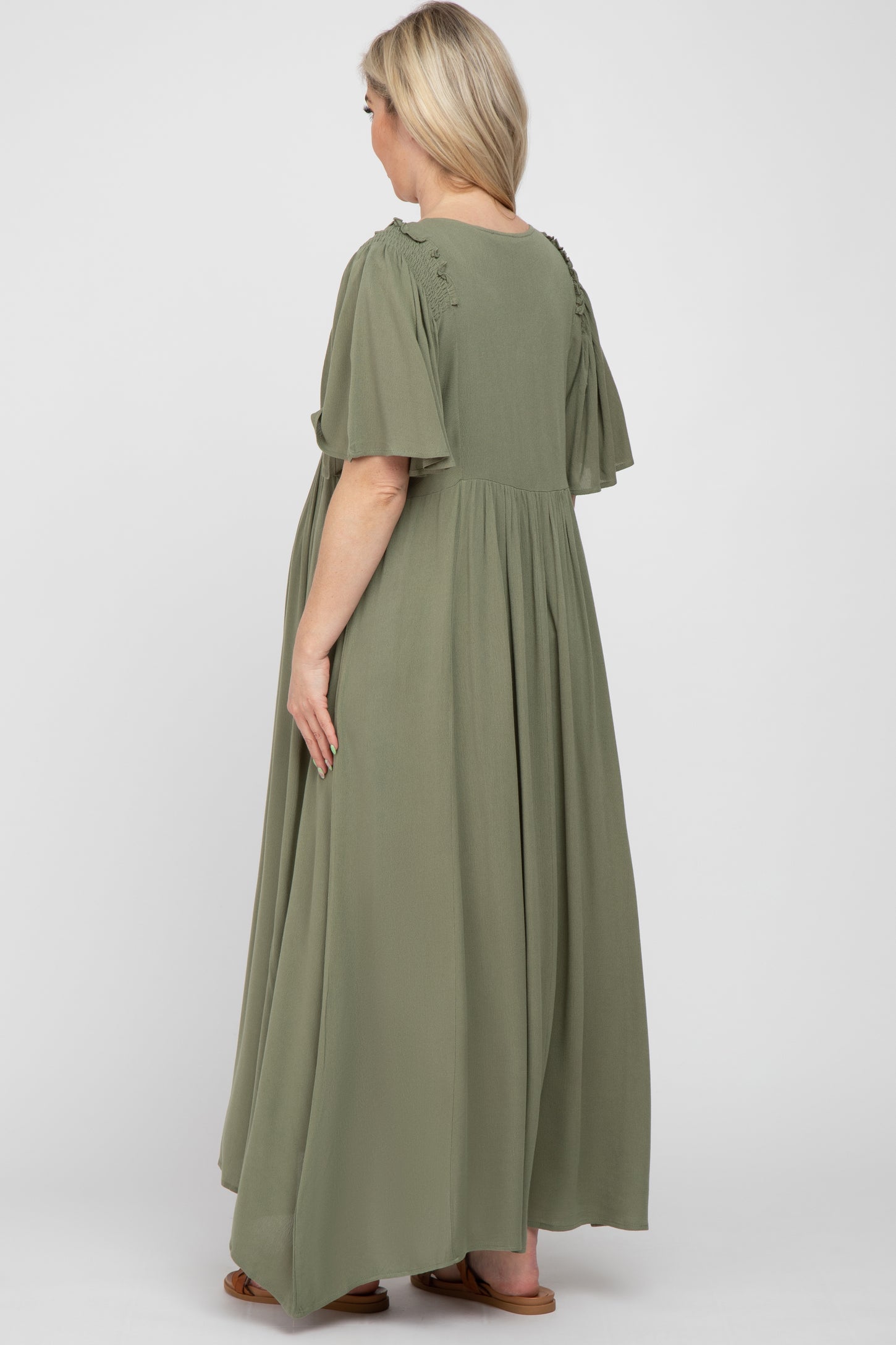 Olive Smocked Ruffle Shoulder Maternity Maxi Dress