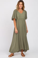 Olive Smocked Ruffle Shoulder Maternity Maxi Dress