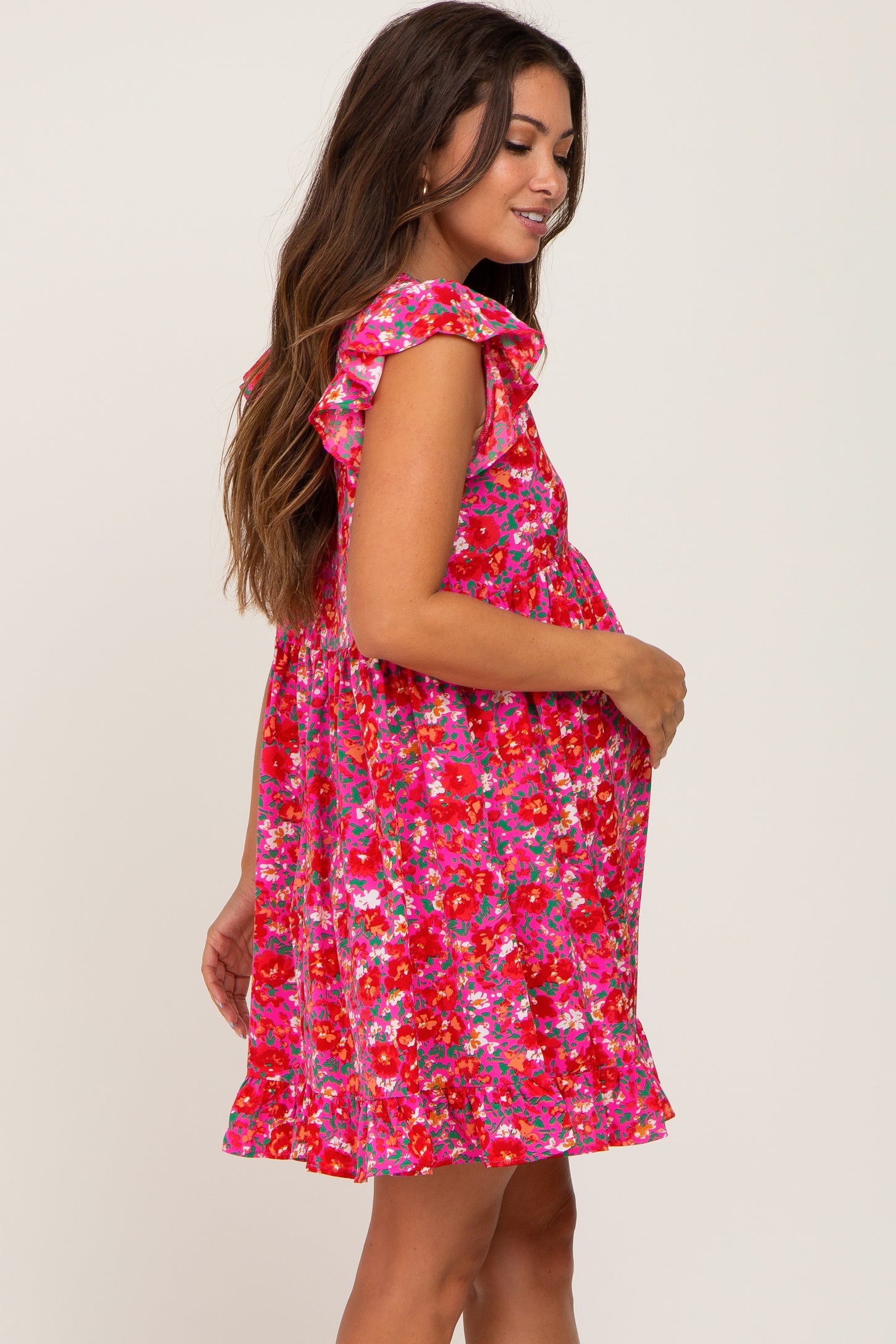 Blue Floral Ruffle Accent Maternity Dress– PinkBlush