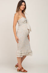 Blue Floral Front Tie Cutout Smocked Maternity Midi Dress