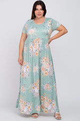 Mint Green Floral Short Sleeve Plus Maxi Dress