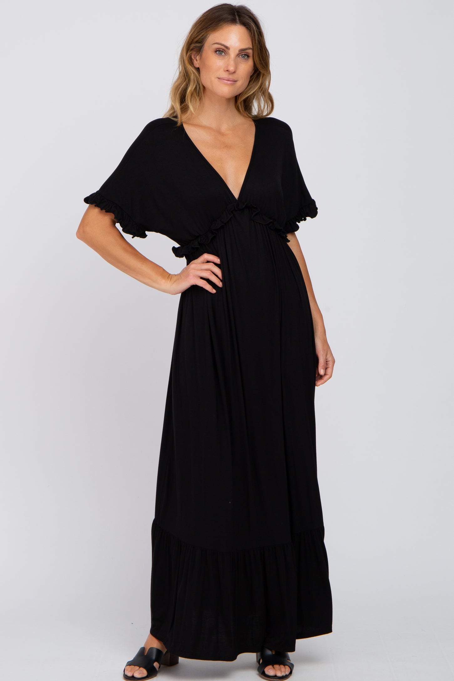 Black Solid Ruffle Maxi Dress– PinkBlush