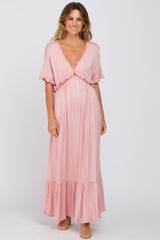 Light Pink Solid Ruffle Maternity Maxi Dress