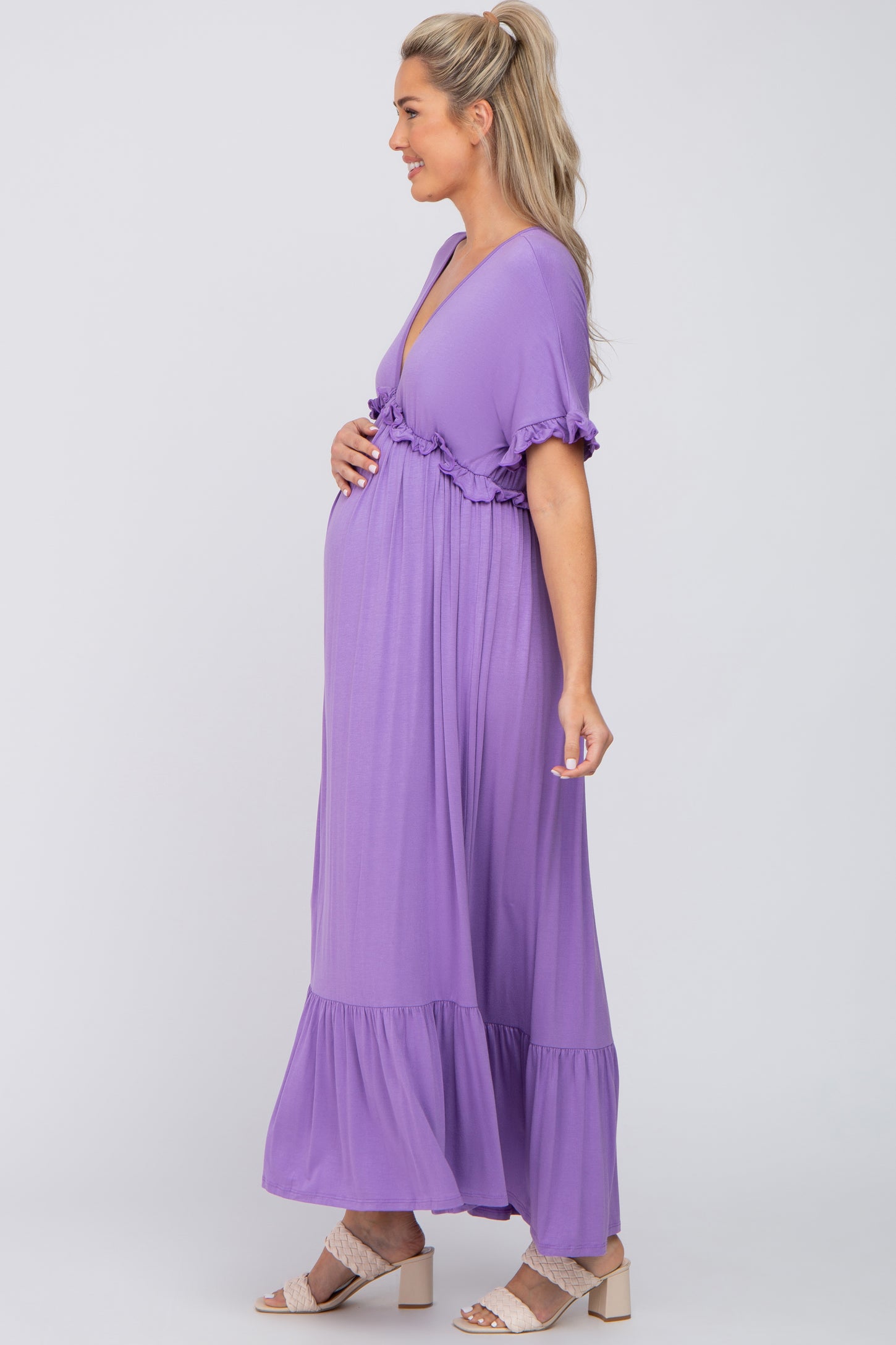 Lavender Solid Ruffle Maternity Maxi Dress