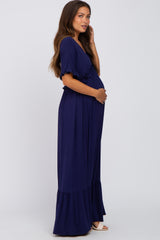 Navy Solid Ruffle Maternity Maxi Dress