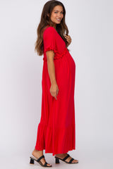 Red Solid Ruffle Maternity Maxi Dress
