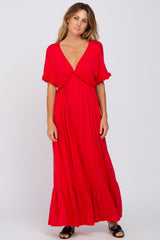 Red Solid Ruffle Maxi Dress