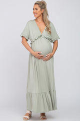 Light Olive Solid Ruffle Maternity Maxi Dress