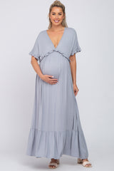 Silver Solid Ruffle Maternity Maxi Dress